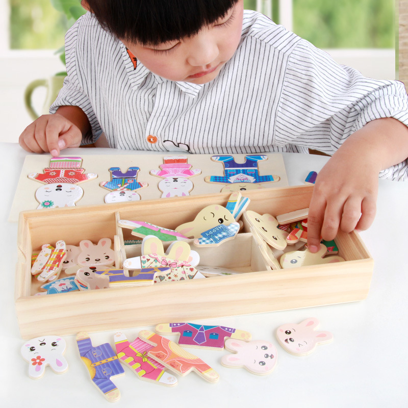 木质儿童益智换衣立体拼图 1-2-3岁半宝宝积木玩具4-5-6周岁女孩