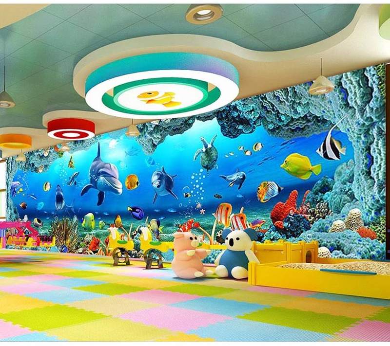 3d海底世界背胶墙纸游泳馆母婴主题房防水自粘海洋壁纸婴儿馆墙贴