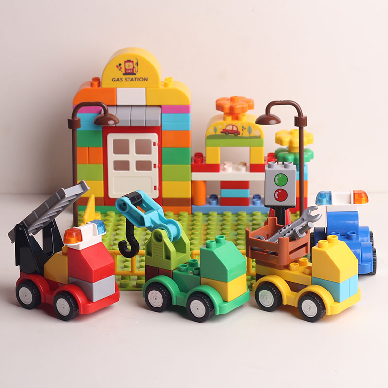 儿童大颗粒拼插益智积木玩具车男孩拼装工程车小汽车亲子互动玩具