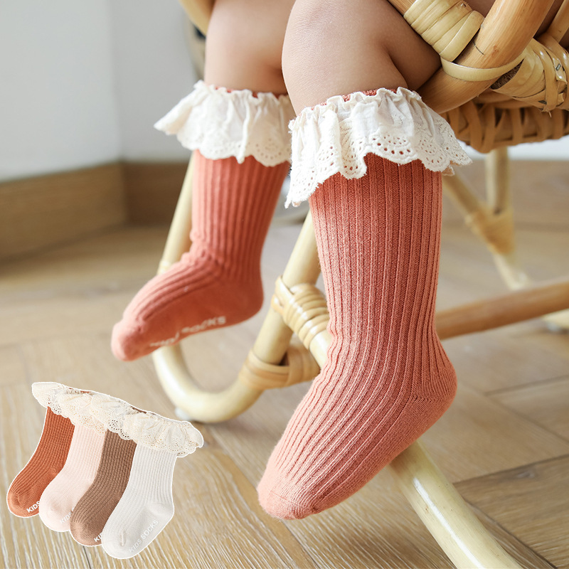春秋新款儿童袜子无骨双针宝宝长筒袜蕾丝花边女童中筒袜婴儿袜子