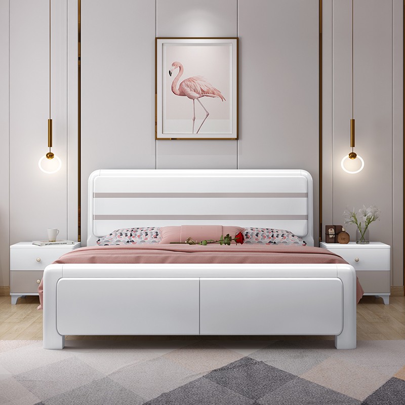 网红简约现代橡胶木白色烤漆实木床 彩色1米2小户型儿童床主卧2米