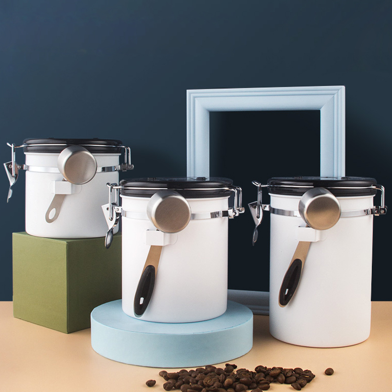 咖啡粉密封罐咖啡豆保存罐单向排气奶粉罐不锈钢储存罐白色咖啡罐