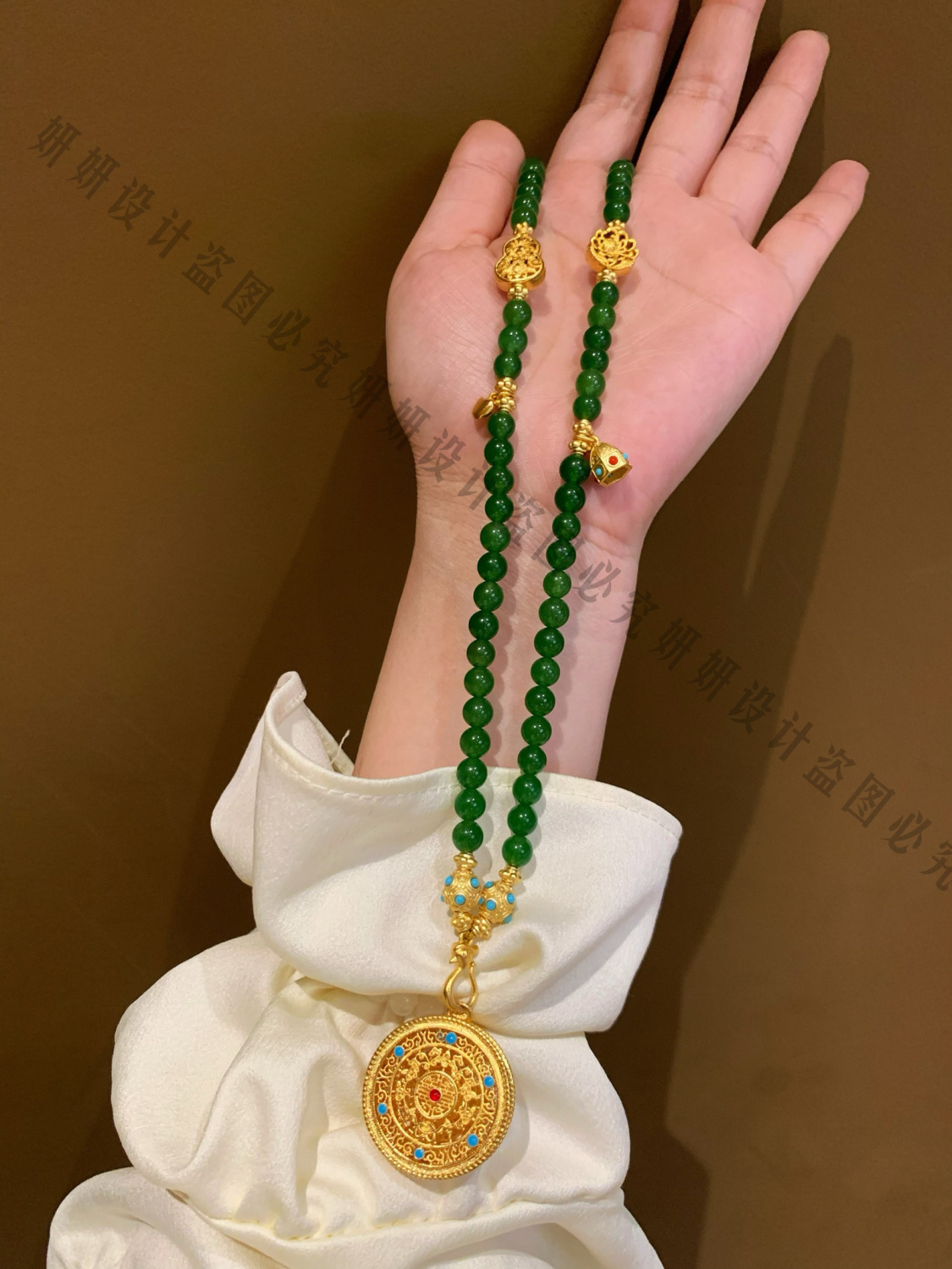 新中式法式祖母绿圆珠吊牌项链多圈手链沙金配件如意手串项链女