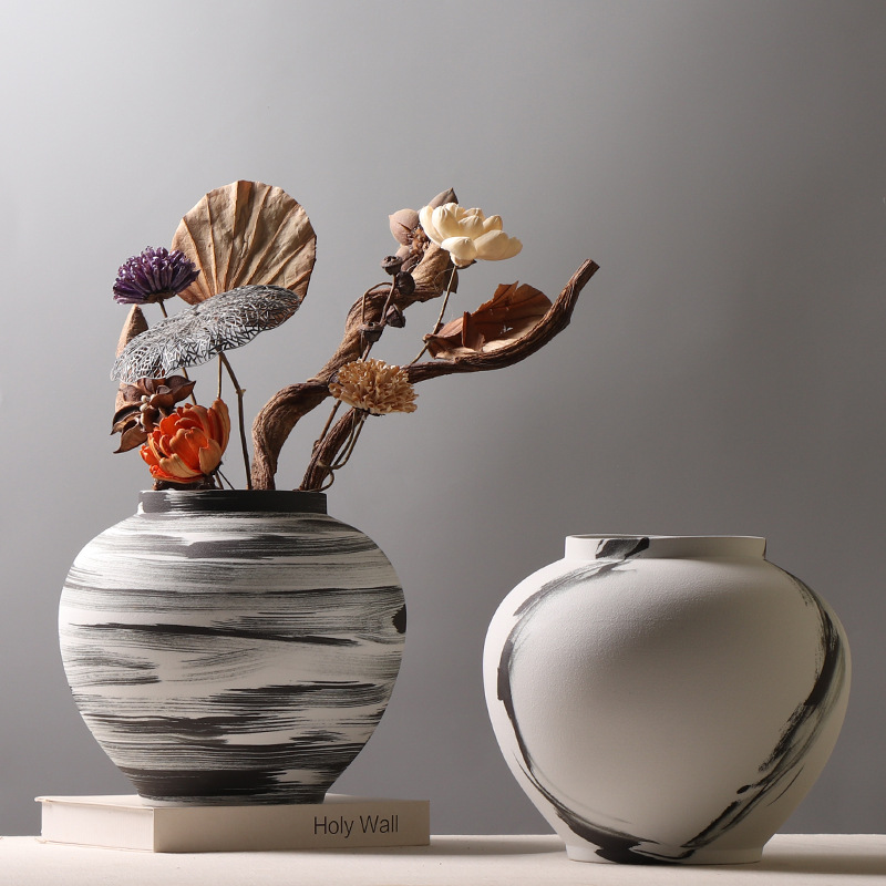 新中式手绘陶瓷花瓶摆件样板房间玄关售楼处家居软装饰品展示中心