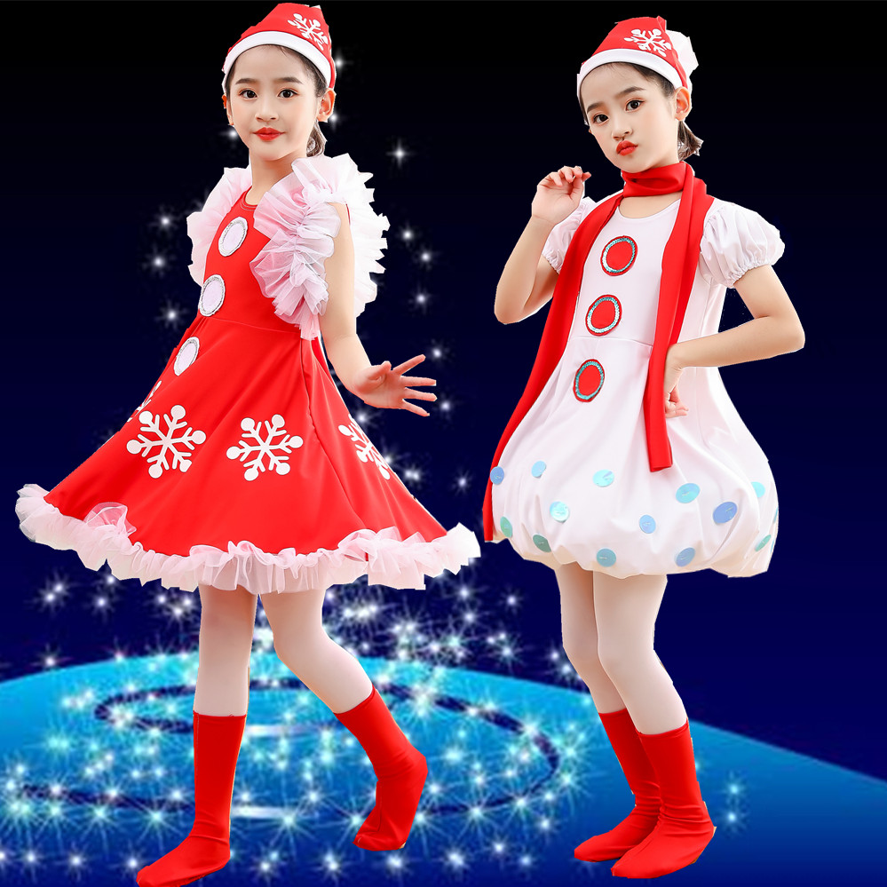 雪花服装表演服儿童雪宝宝雪孩子雪娃娃演出服新款红色元旦圣诞裙