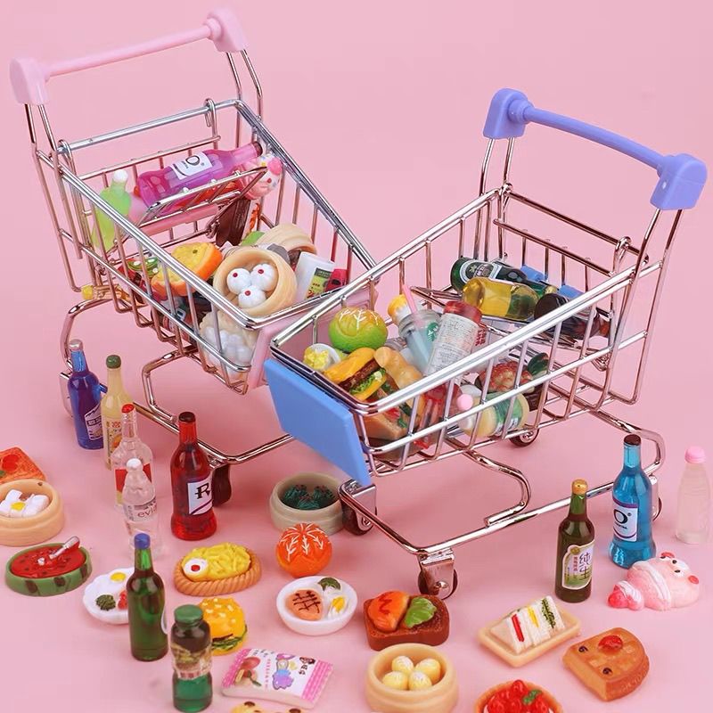 儿童仿真迷你超市购物车过家家玩具车食物摆件金属创意手推车小号