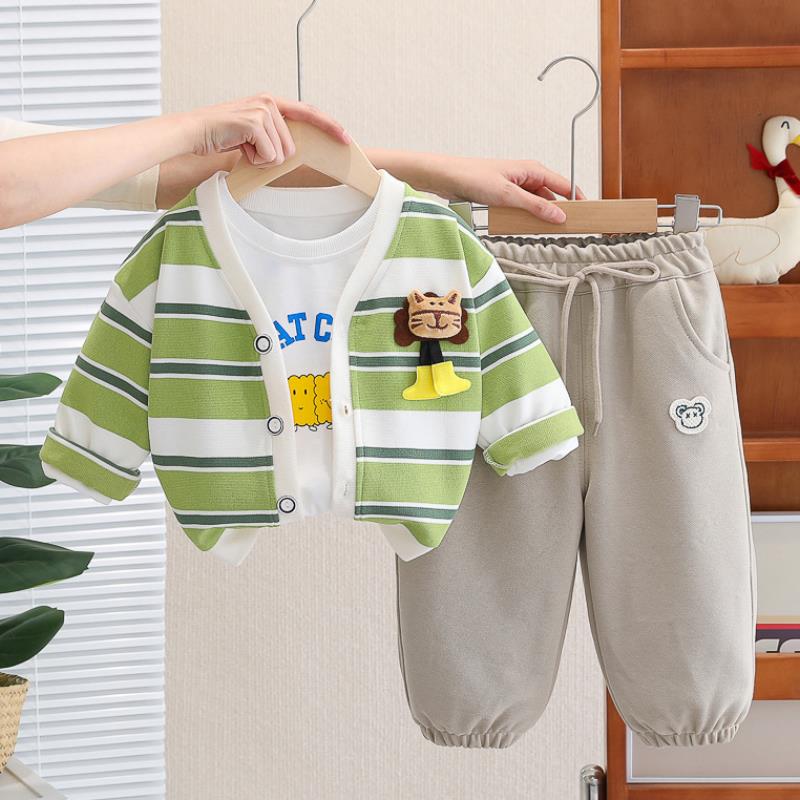 婴儿衣服春秋季洋气休闲条纹外套韩版三件套10个月一岁男宝宝春装