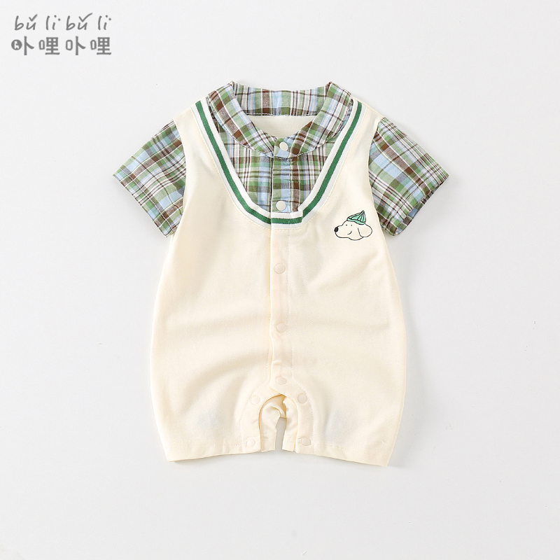 韩版婴儿夏装衣服男宝宝学院风假两件短袖连体衣夏季薄款哈衣爬服