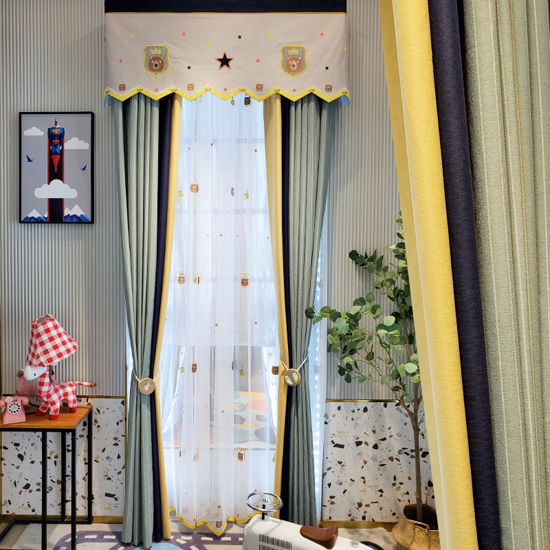[卡汀]美式轻奢简约现代北欧法式遮光窗帘绿色拼接条纹卧室儿童房