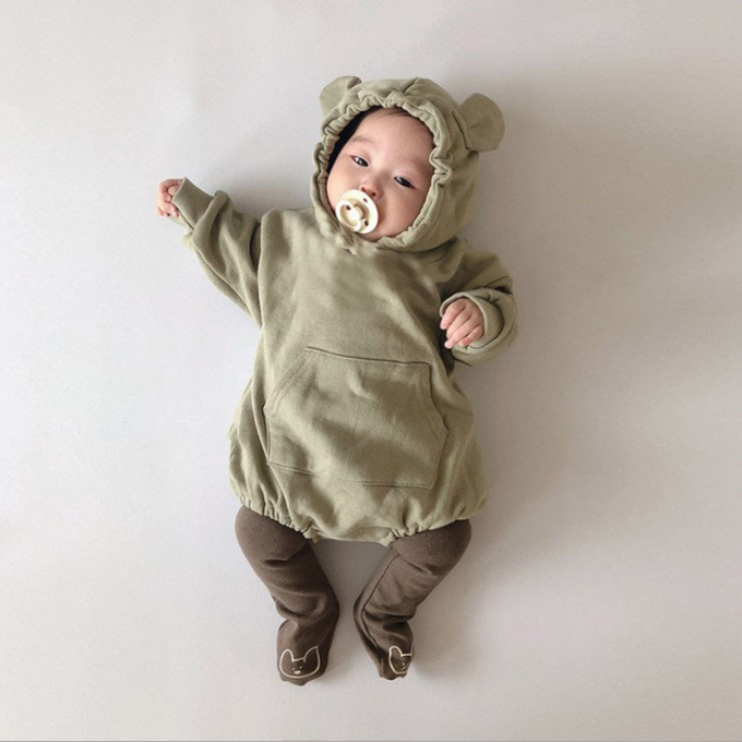 韩国2024春秋婴儿男女宝宝可爱小熊长袖连帽卫衣包屁连体爬服哈衣