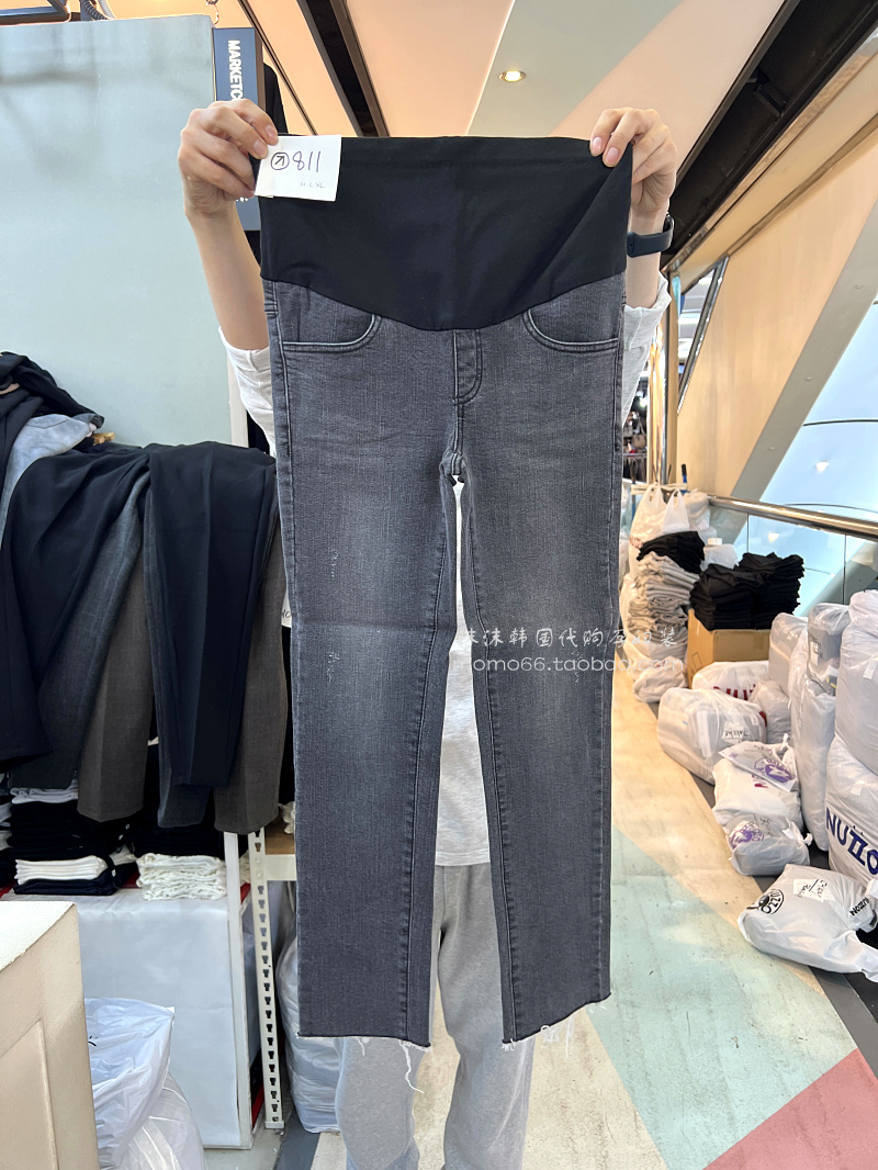 韩国代购孕妇装2022冬季磨毛绒加厚保暖显瘦毛须边托腹直筒牛仔裤