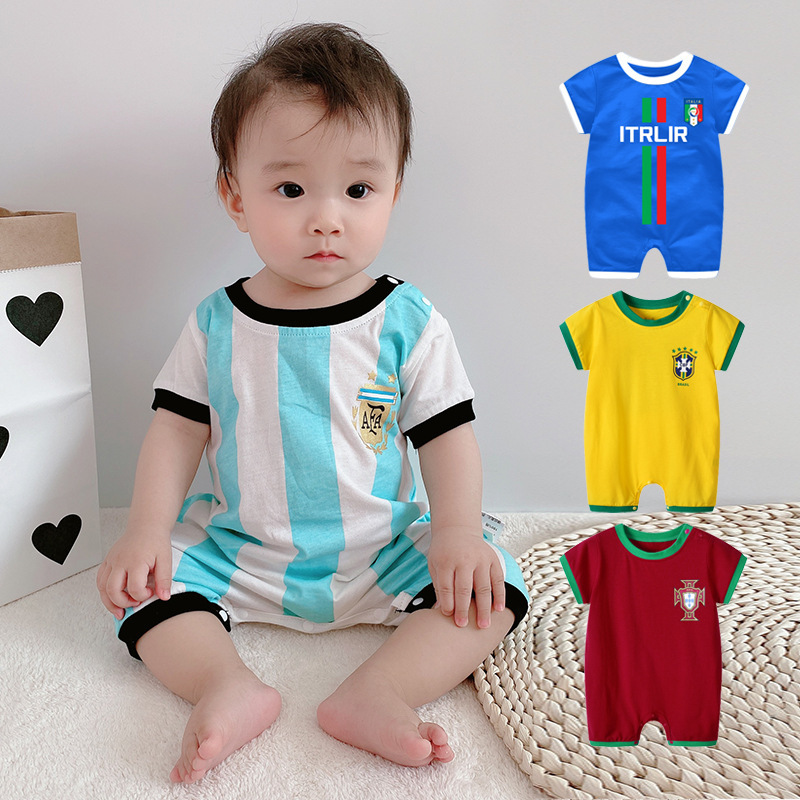 婴儿衣服世界杯夏季男宝宝夏装哈衣网红足球连体衣纯棉运动服周岁