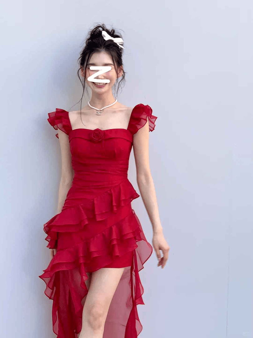 2024夏季新法式度假玫瑰花气质长拖尾红色无袖氛围感吊带连衣裙女