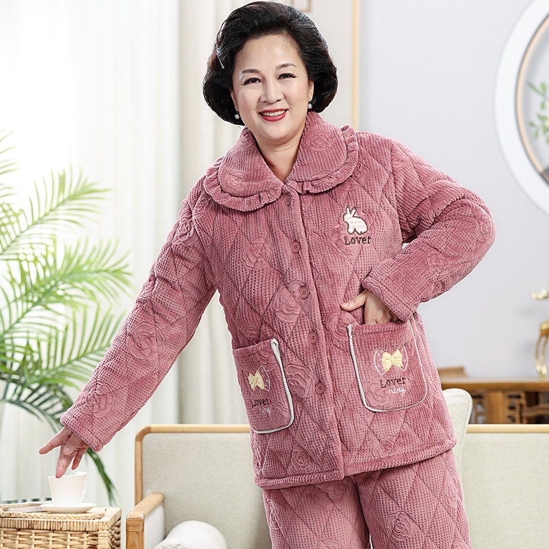 中老年妈妈款睡衣女秋冬季珊瑚绒加绒加厚三层夹棉保暖家居服套装