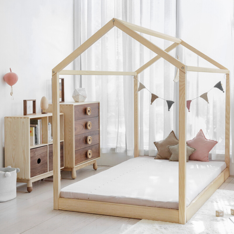 上形 孩在儿童木房子白蜡木儿童床1.2 1.5米全实木环保网红家具