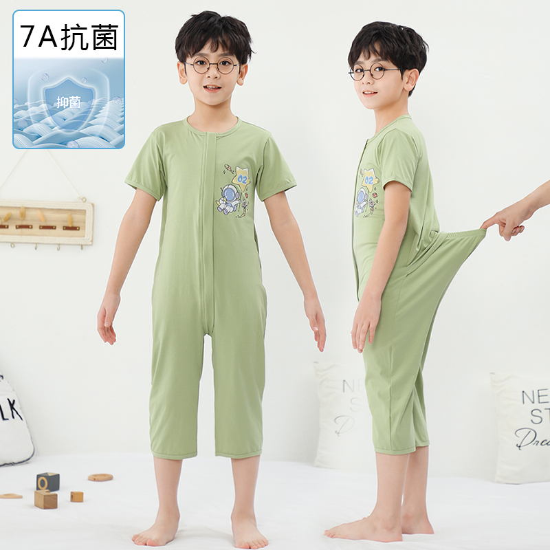 男童连体睡衣夏季薄款纯棉冰丝短袖七分裤男孩连身睡衣儿童家居服