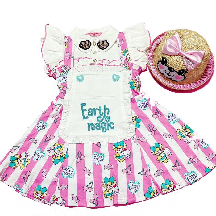 现货 EarthMagic EM日系女童儿童装粉色满印可爱小熊女仆装背带裙