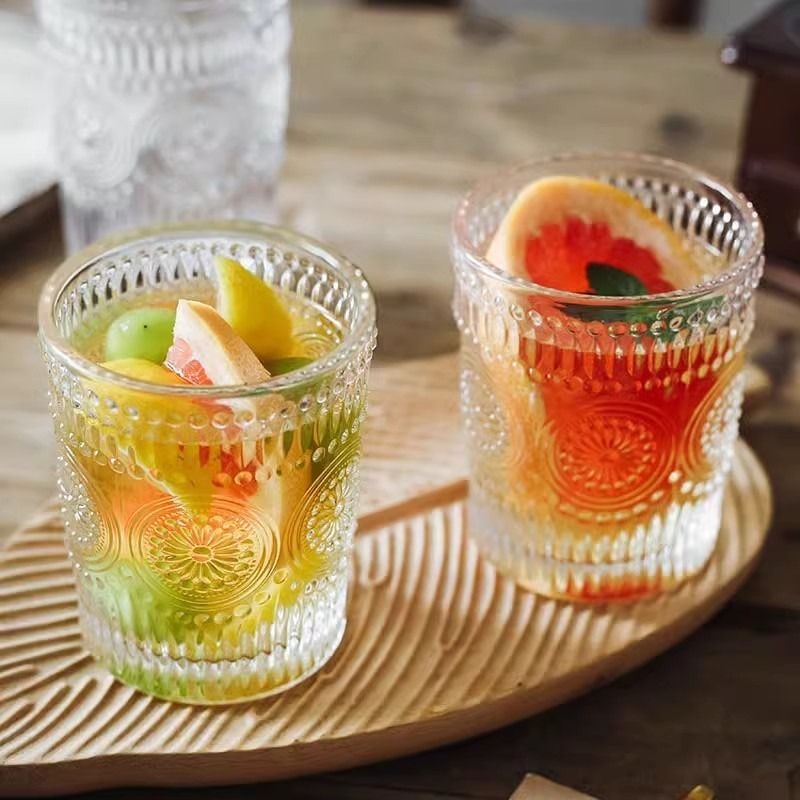 太阳花复古浮雕玻璃杯ins风家用日式茶水杯冷饮杯果汁杯子精致
