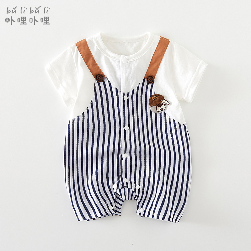 韩版婴儿夏装男宝宝假两件短袖哈衣纯棉连体衣夏季薄款新生儿衣服