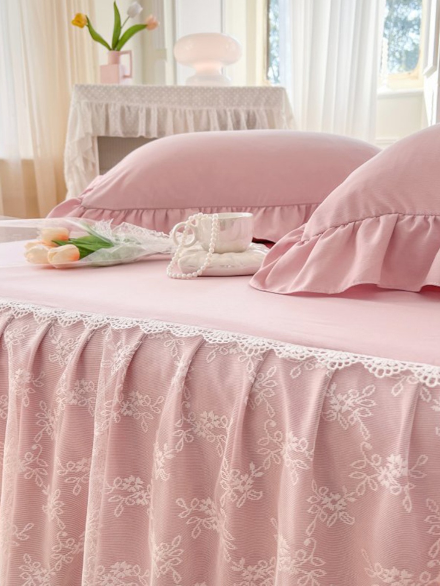 夏季公主风床裙三件套水洗棉单件床罩花边蕾丝保护罩防尘罩可机洗