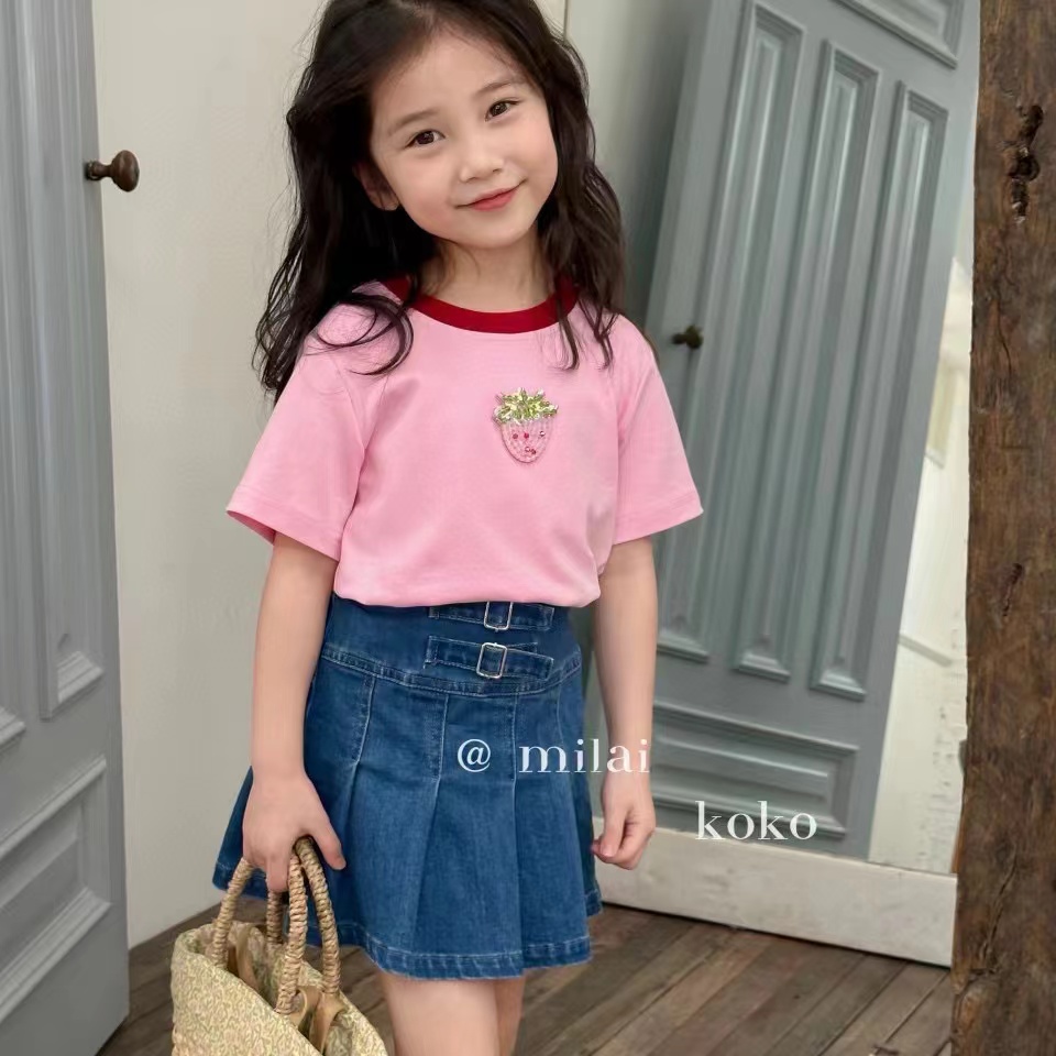 米莱milaikoko童装2-24夏季新款女童草莓短袖T恤牛仔半裙1126323