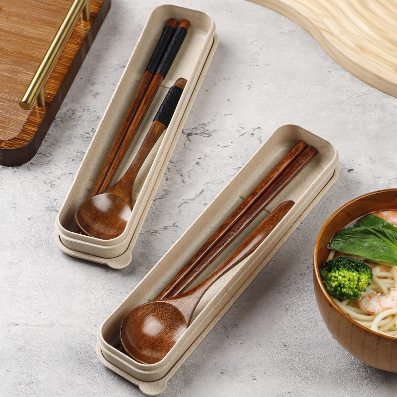 筷子勺子套装木质一人用便携式餐具三件套儿童学生专用外带收纳盒