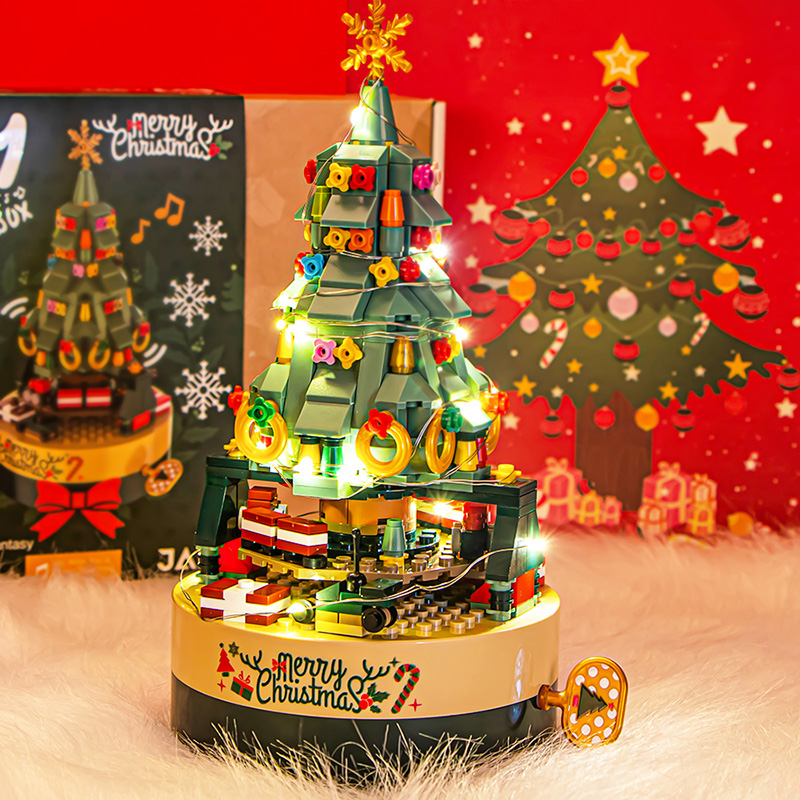 高档水晶圣诞树音乐盒积木八音盒儿童拼装益智玩具圣诞节礼物礼盒