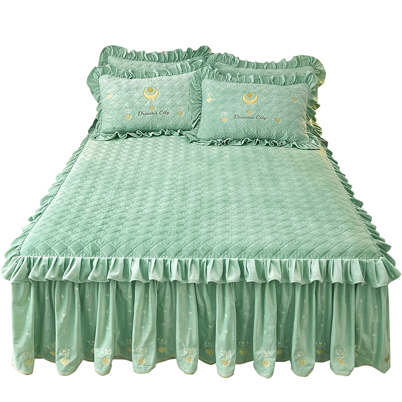保暖婴儿水晶绒夹棉床裙三件套加厚珊瑚绒床罩床套防滑保护套1.8m