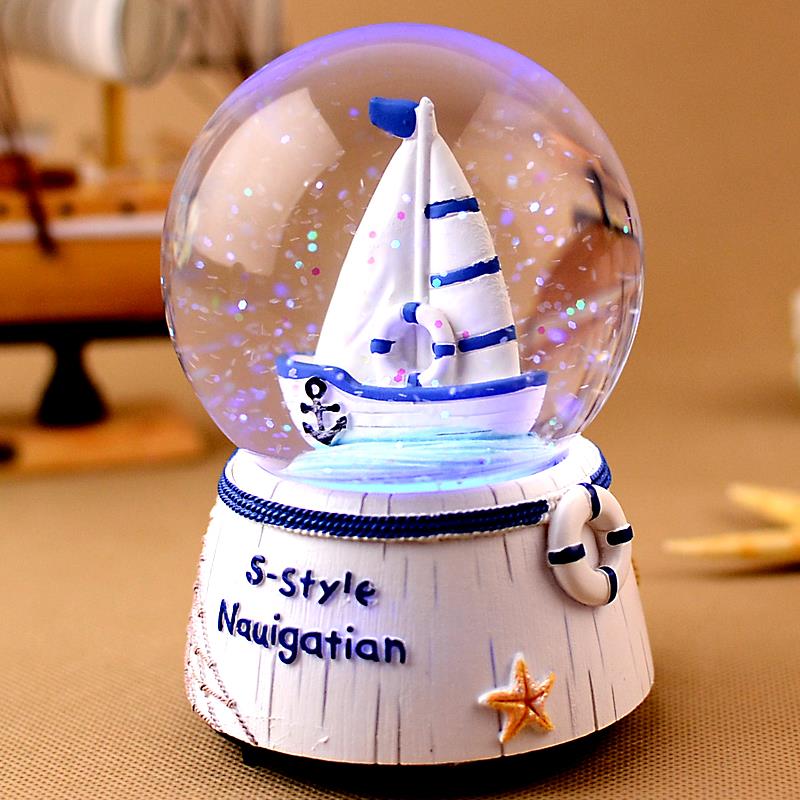 地中海风帆船灯塔水晶球音乐盒家居装饰小摆件创意七夕节生日礼物