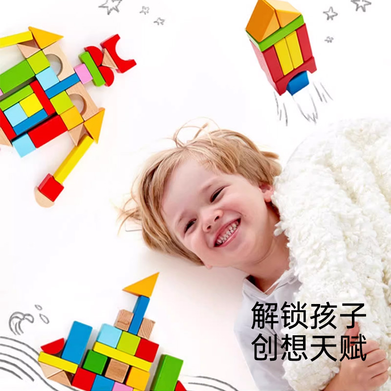 Hape80粒积木益智拼装玩具1岁男女孩婴幼儿宝宝木制早教儿童启蒙