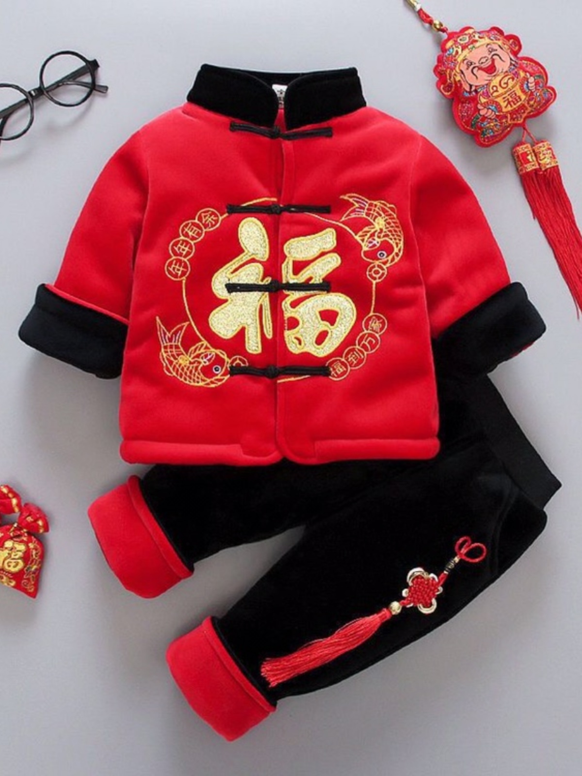 宝宝拜年服加厚冬套装婴儿周岁中国风男女童唐装古装喜庆过年衣服