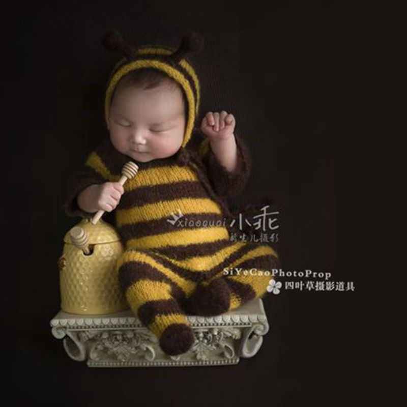 新生的儿小蜜蜂连袜裤摄影拍照道具 满月百天百日宝宝照相服装饰