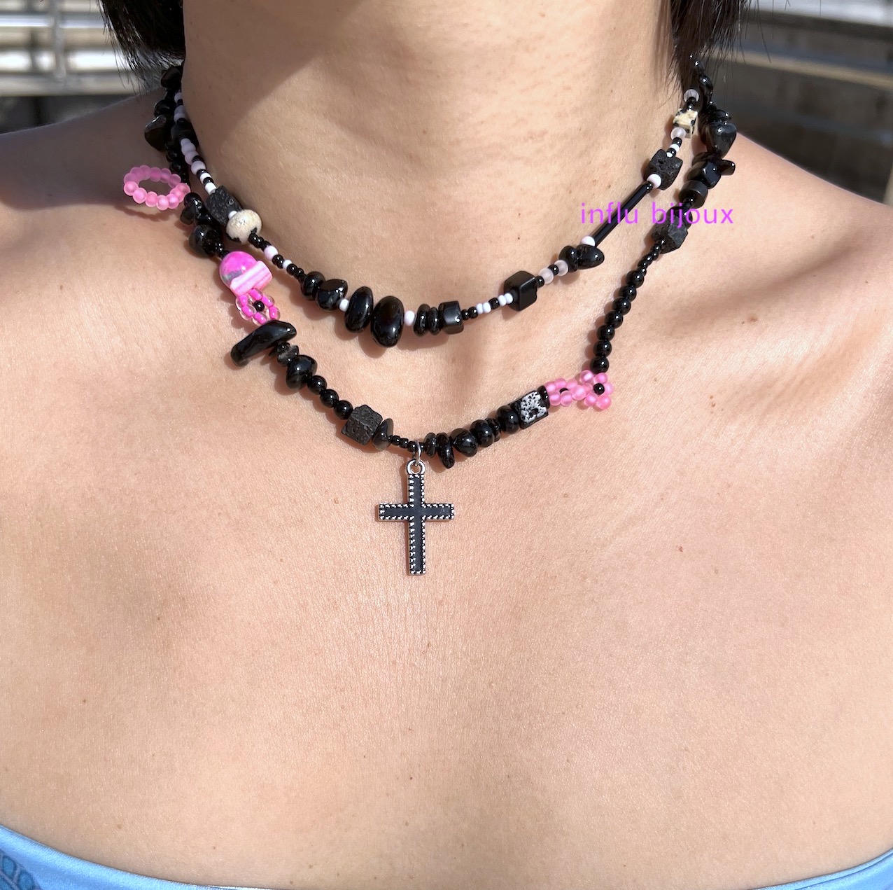 原创手工小众黑粉色十字架甜酷不规则黑玛瑙叠戴设计感项链荧光粉