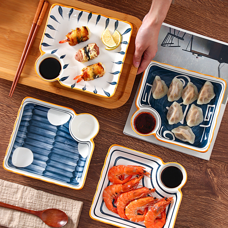 日式饺子盘家用盘子带醋碟陶瓷网红好看的寿司方形托盘水饺专用盘
