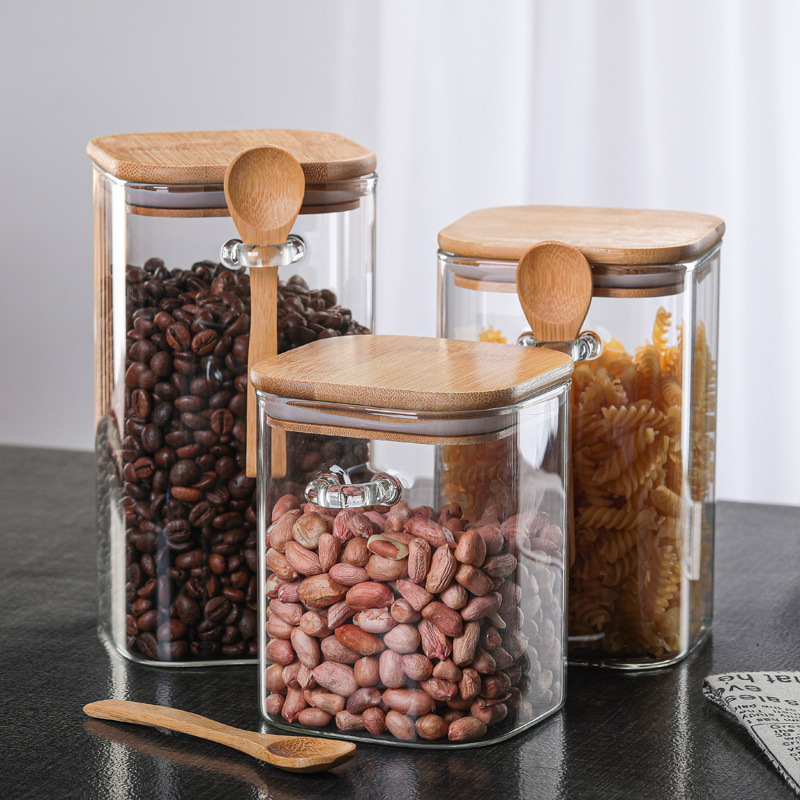 储物罐玻璃带盖竹勺方形大密封调料咖啡豆家用五谷杂粮奶粉茶叶瓶