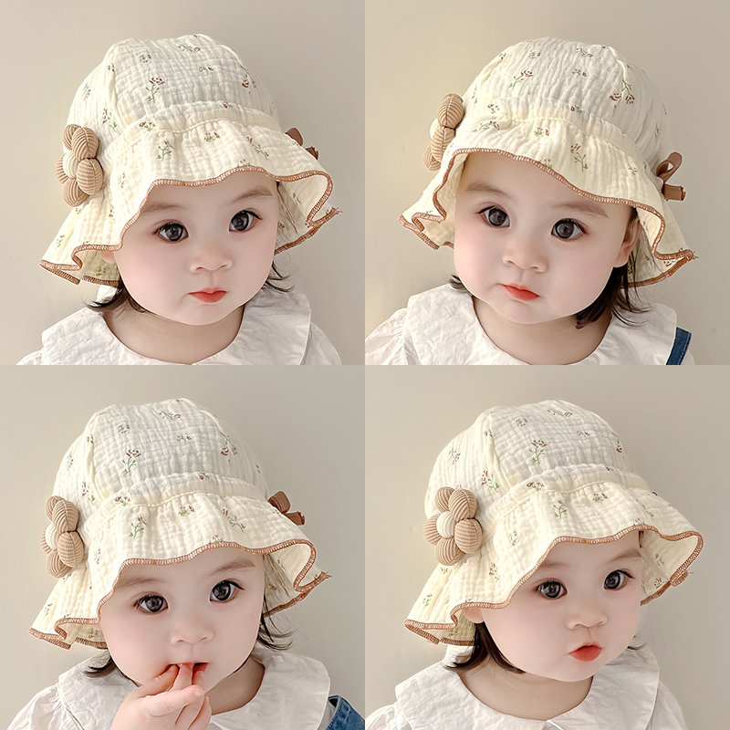 春夏季婴儿帽子棉纱透气女宝宝花朵盆帽婴幼儿童渔夫帽防晒遮阳帽
