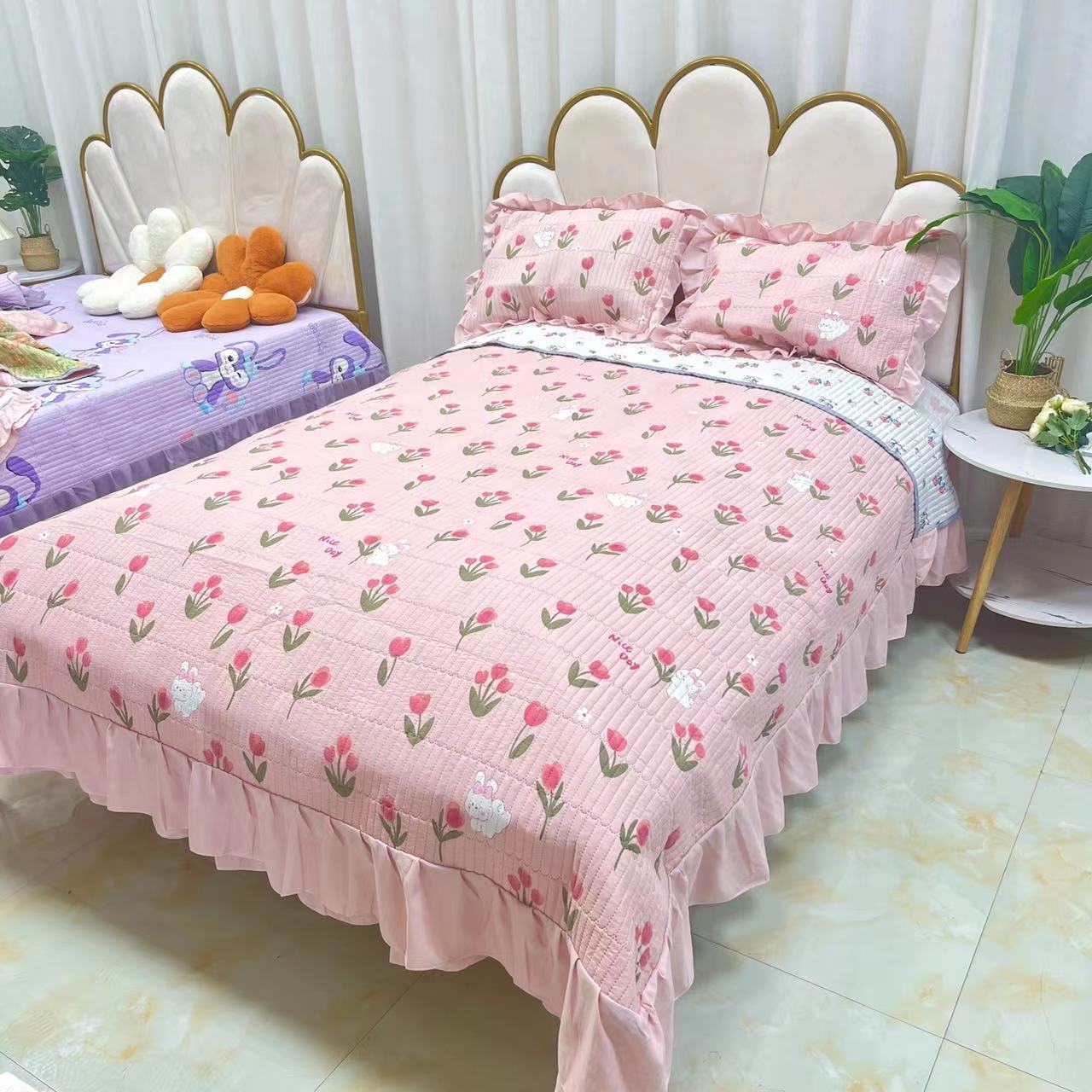 水洗棉麻花边床盖四季通用床单床罩大尺寸三件套含花边230*240