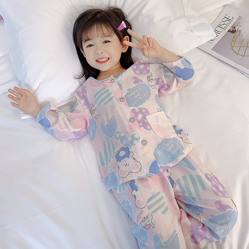 儿童棉绸睡衣薄款夏季长袖女童小孩绵绸空调家居服紫爱心中大套装