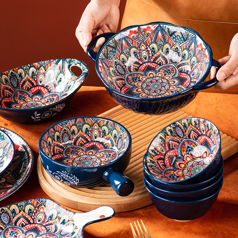 波西米亚陶瓷碗碟餐具套装家用日式饭碗双耳汤盆汤碗面碗盘子菜盘