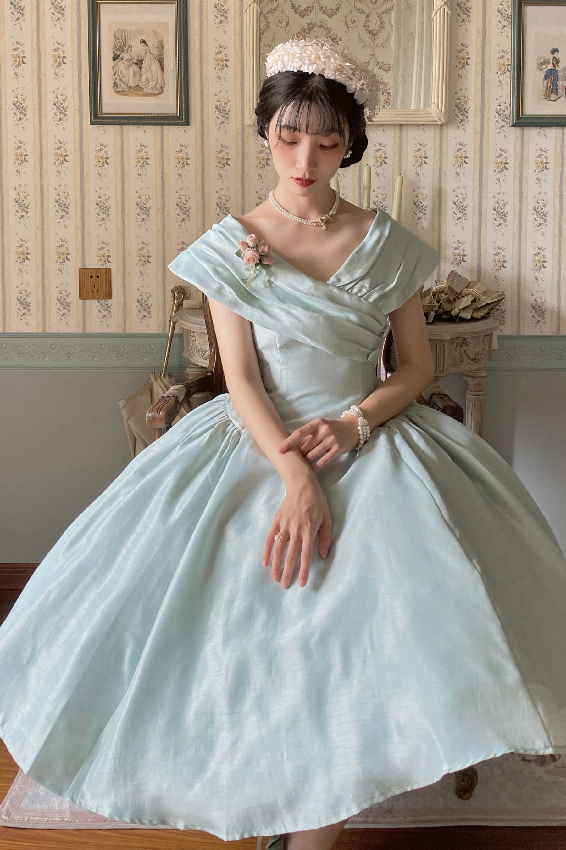 现货 法式复古优雅50年代vintage翻领大裙摆连衣裙高级礼服公主裙