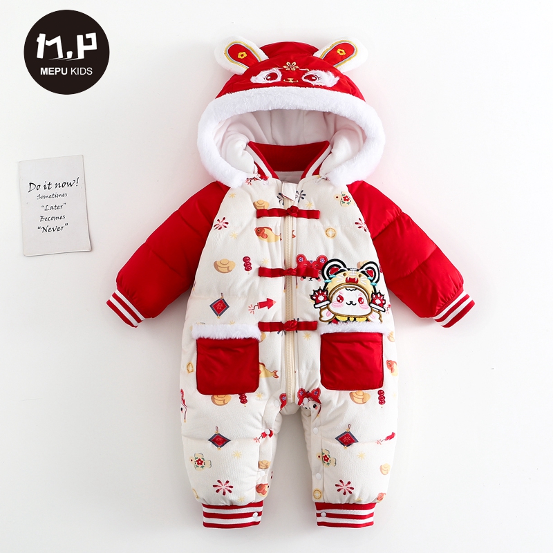 定制婴儿冬装红色连体衣兔年新年过年满月男女宝宝衣服周岁礼服拜