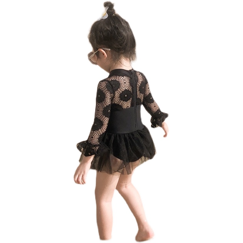 女童泳衣童装新款夏公主连体黑色蕾丝儿童泳衣女孩宝宝长袖游泳衣