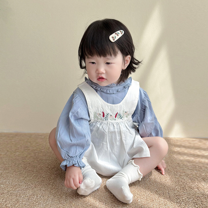 韩版秋装女宝宝公主花边领纯棉包屁衣吊带罩衣两件套婴儿洋气套装