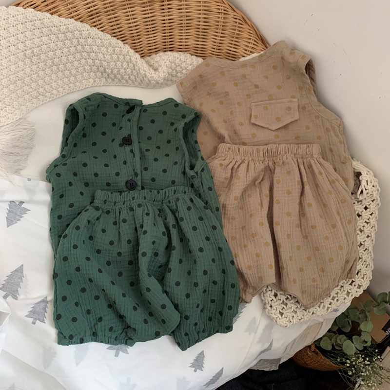 柔软透气棉纱波点 夏季新款儿童韩版套装两件套女童短袖T恤+短裤