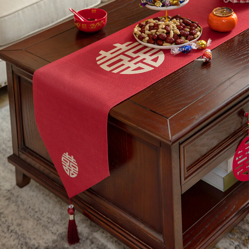 中式结婚桌旗红色喜字桌布装饰条茶几餐桌电视柜盖巾喜庆婚礼定制