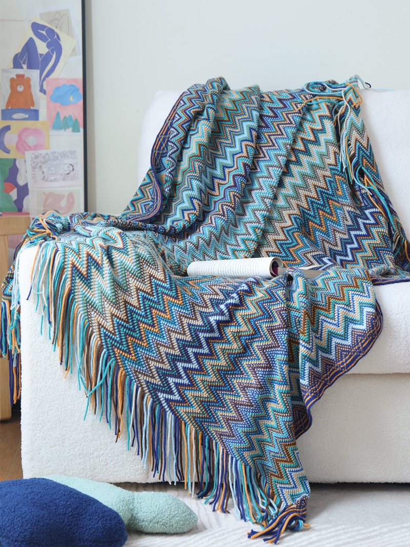 ins针织流苏毯波西米亚条纹蓝色沙发盖巾春秋午休空调披毯休闲毯