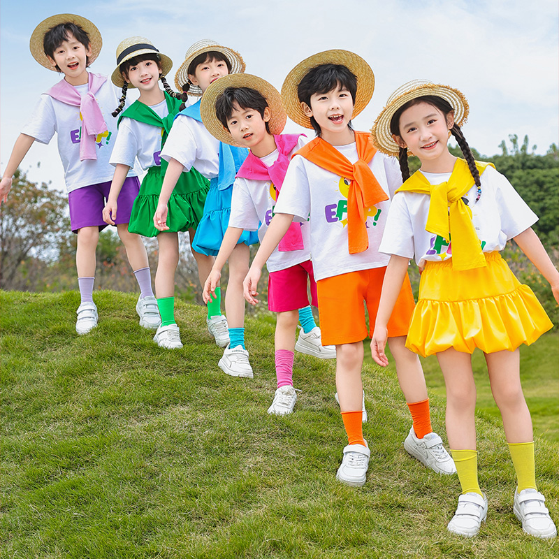 幼儿园毕业照小学生表演啦啦队团体演出服六一儿童节彩虹表演服饰