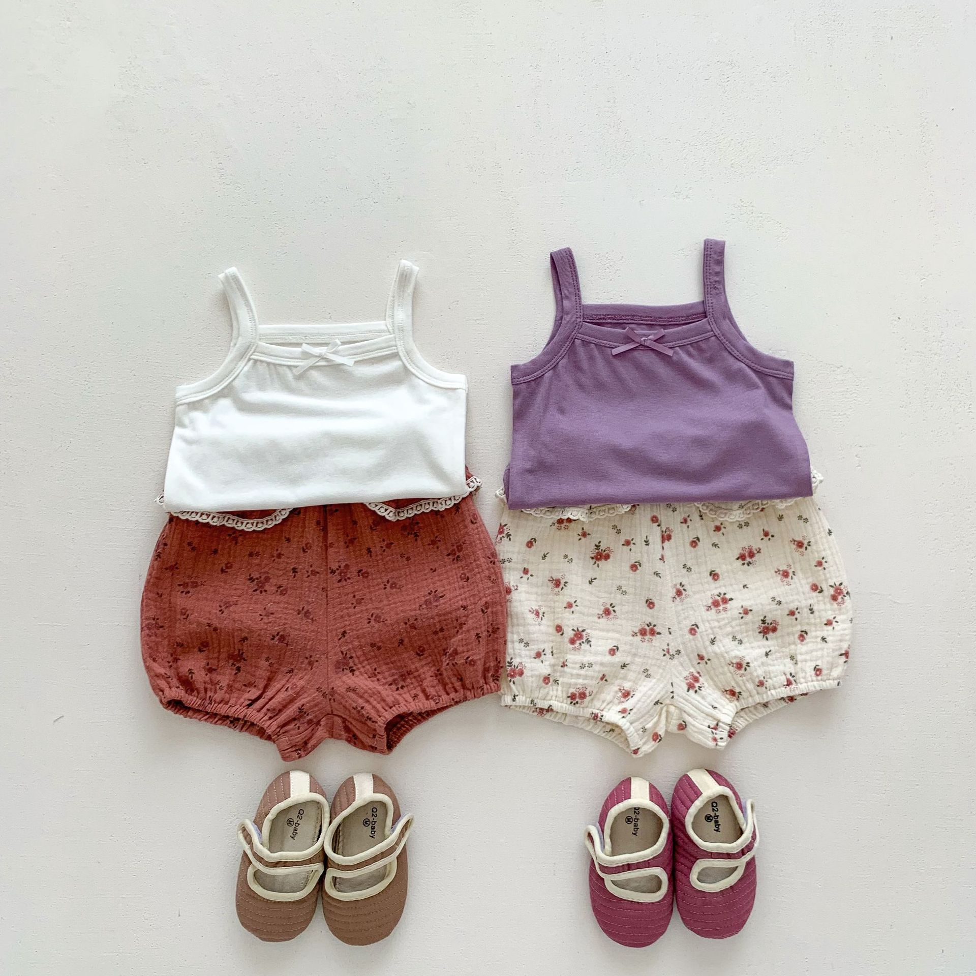 韩系童装2023新品婴儿女童夏装套装吊带背心碎花短裤两件套薄款个
