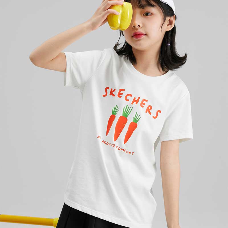 Skechers/斯凯奇儿童T恤夏季新款白色纯棉短袖中大童透气L223K028