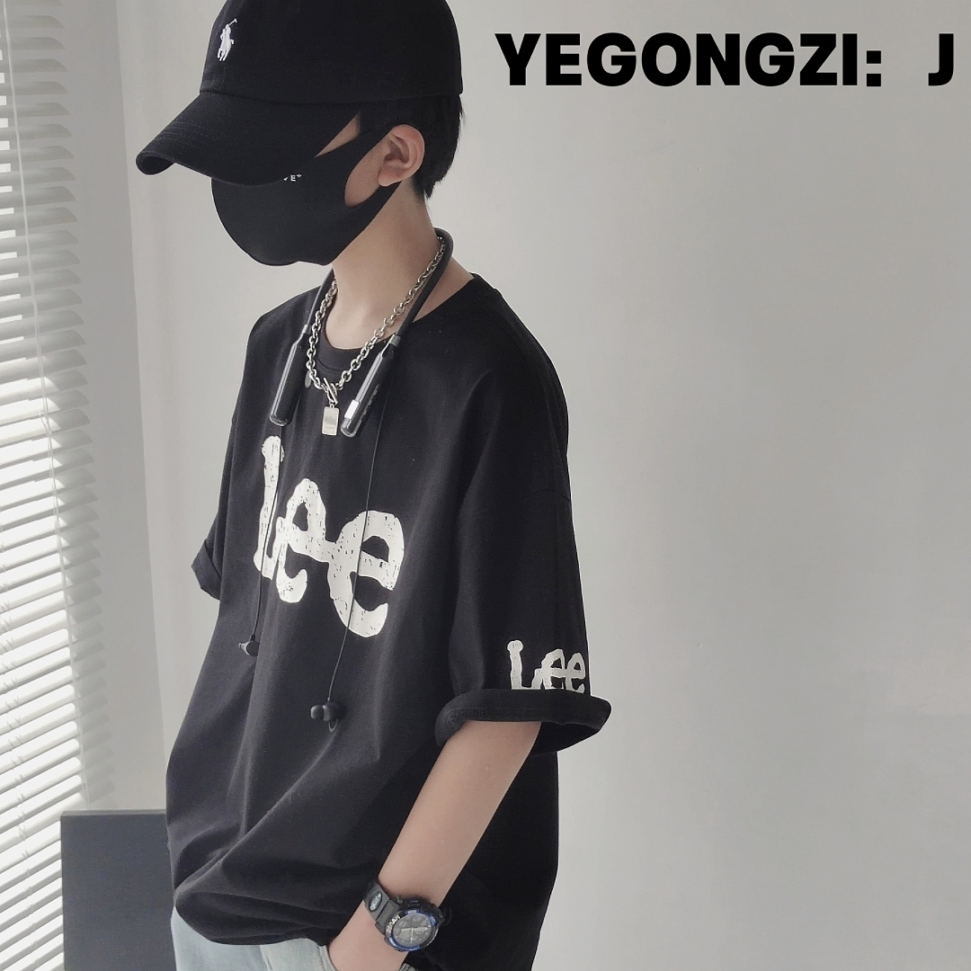 YEGONGZI：J黑色短袖男童2024新款纯棉t恤中大童圆领字母印花上衣